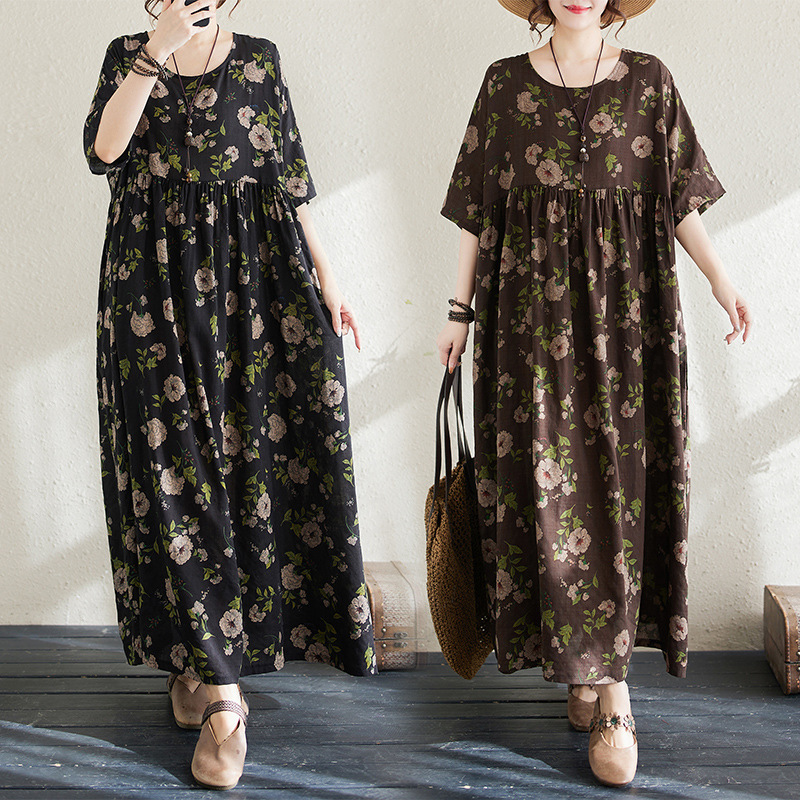Pastoral-style retro 2024 summer new collection: loose-fitting, short-sleeved, A-line dress for middle-aged and elderly women, designed for export Pastoral-style retro 2024 summer new collection: loose-fitting, short-sleeved, A-line dress for middle-aged and elderly women, designed for export