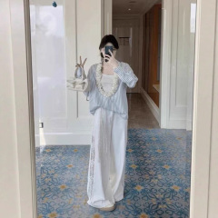 设计感独特大V领荷叶边条纹衬衫女秋吊带叠穿两件套气质女士上衣