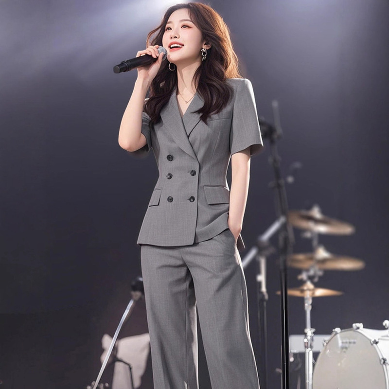 2025 Summer New Style Complete Set of Summer Clothing Gray Suit Elegant and Professional Women's Suit Jacket and Pants Two-Piece Set