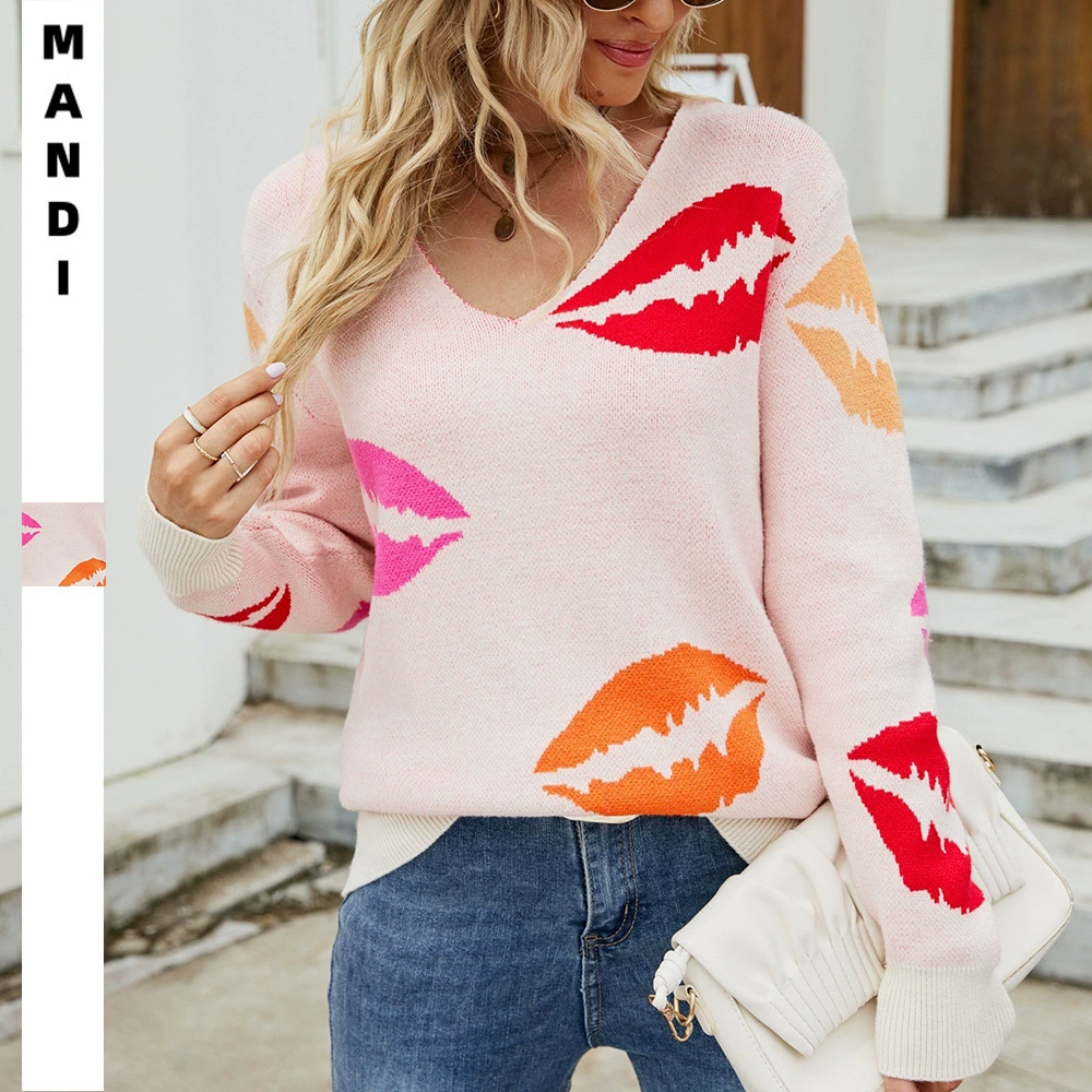 Женская одежда для трансграничной торговли (Европа и Америка), осенне-зимняя коллекция 2025, новинка, экспорт на Amazon, свитер-пуловер с V-образным вырезом и принтом «губы» KISS, из пряжи с сердцевиной.