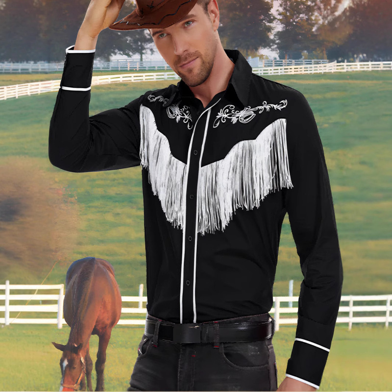 2025 Cross-Border Autumn and Winter Amazon American Men's Western Denim Tassel Embroidered Floral Shirt Long Sleeve Cotton Cardigan