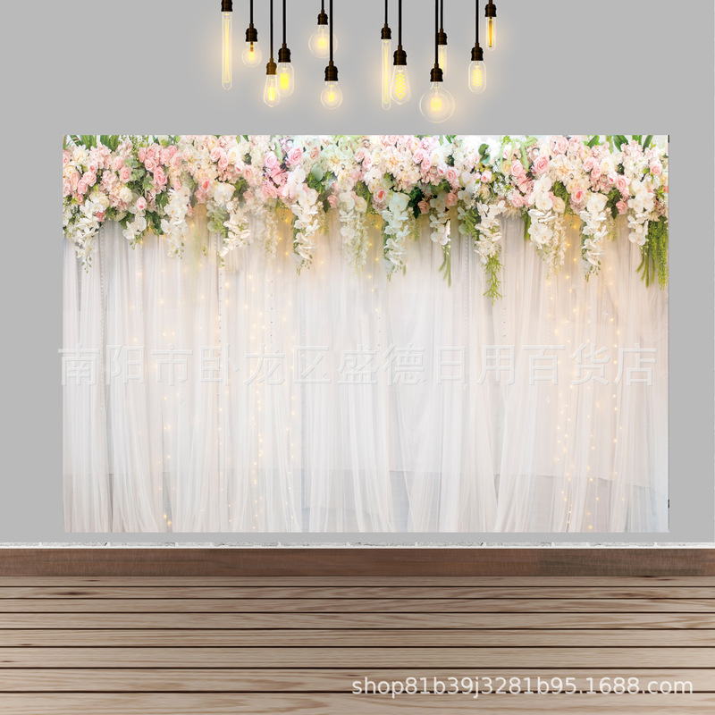 Cross-border wedding bridal flower wall pink white rose tulle photo background wedding decoration banner studio background cloth