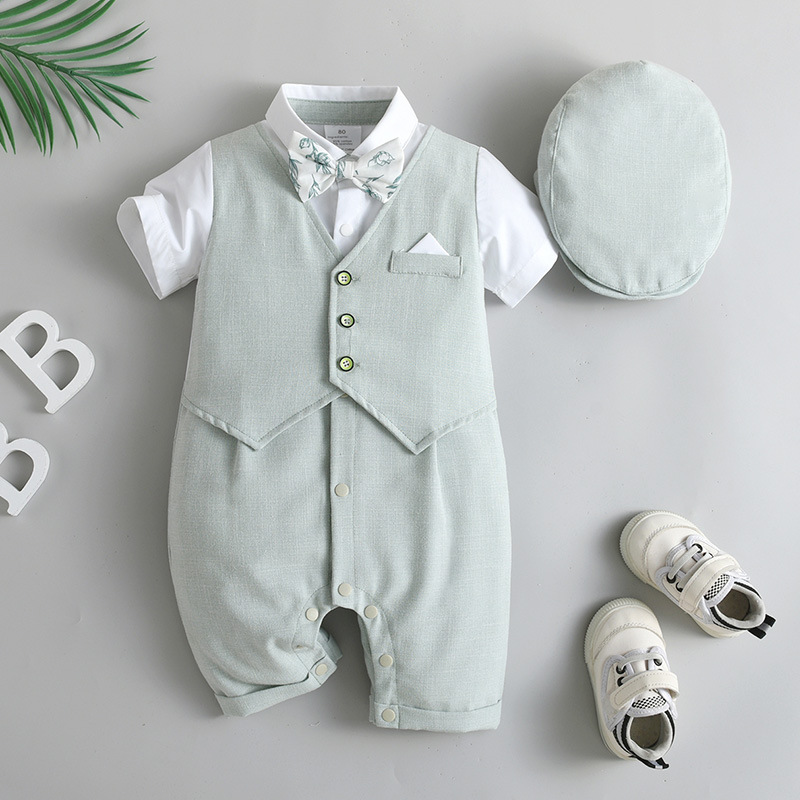 源头工厂宝宝夏季短袖连体哈衣爬服男童带帽英伦风礼服婴儿包庇衣