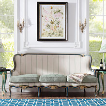 美式实木雕花三人沙发欧式简约复古条纹实木大沙发展厅样板间沙发