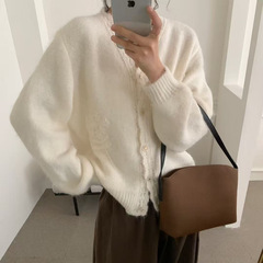韩系温柔风立体勾花针织开衫女2025秋冬新款软糯甜美花边毛衣外套