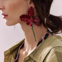 法式复古酒红色大花珐琅滴油耳环 创意植物茎秆金属花朵耳坠耳饰