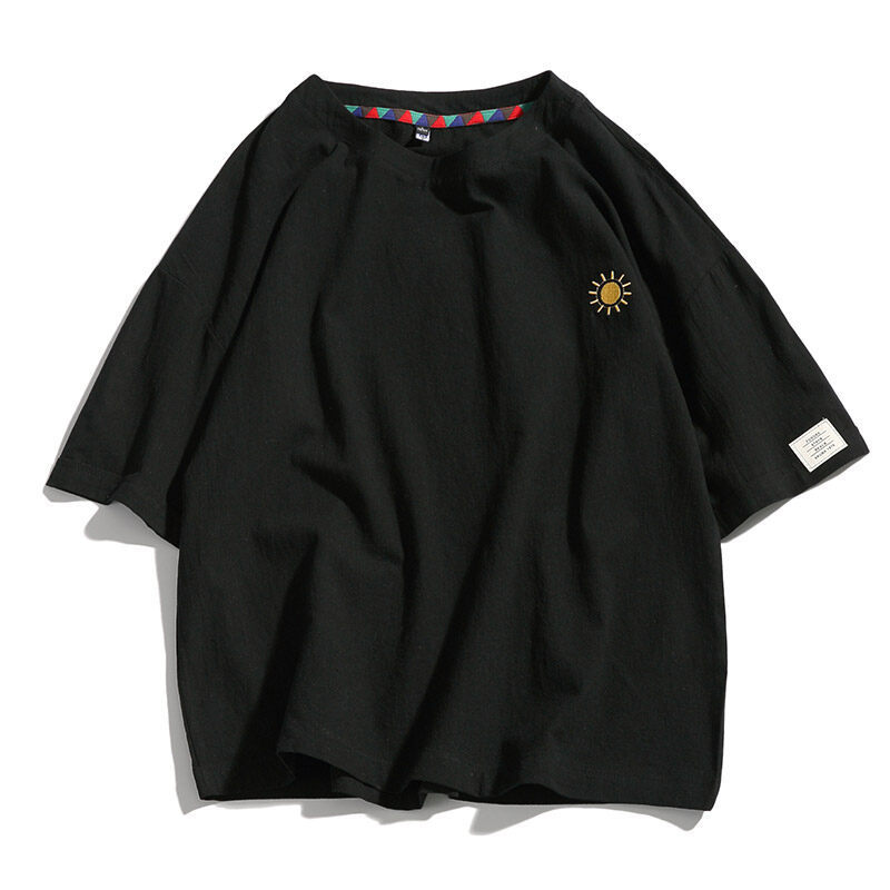 NASA刺绣棉麻短袖T恤男士夏季宽松大码廓形衣服潮牌男款亚麻半袖|undefined