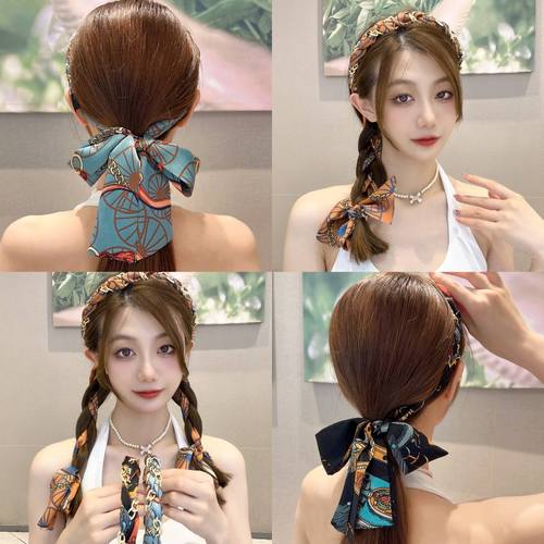 Summer retro bow streamer headband, one-piece hairband, braided hair ribbon, hair accessories, headband, women's hairpin