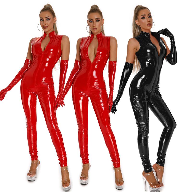 Glossy Patent Leather Pu Leather Mirror Sexy Intimates for Women Zipper Crotch Nightclub One-Piece Leather Jacket S-5Xl 6845
