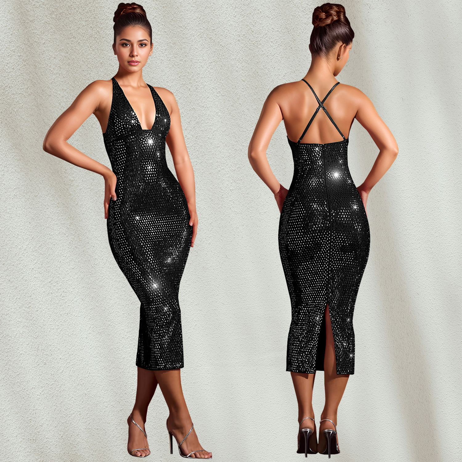 C7210 Cross-border AliExpress Amazon Moda europea y americana Vestido sexy de color sólido con bolso delgado de diamantes calientes para mujer