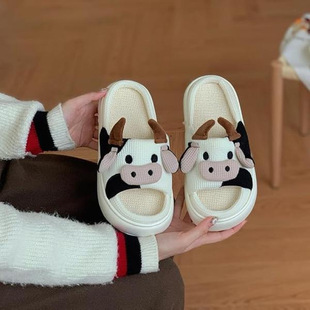T 12829 Cow Print Linen Home Slides ��ţ�y�����׾Ӽ���Ь