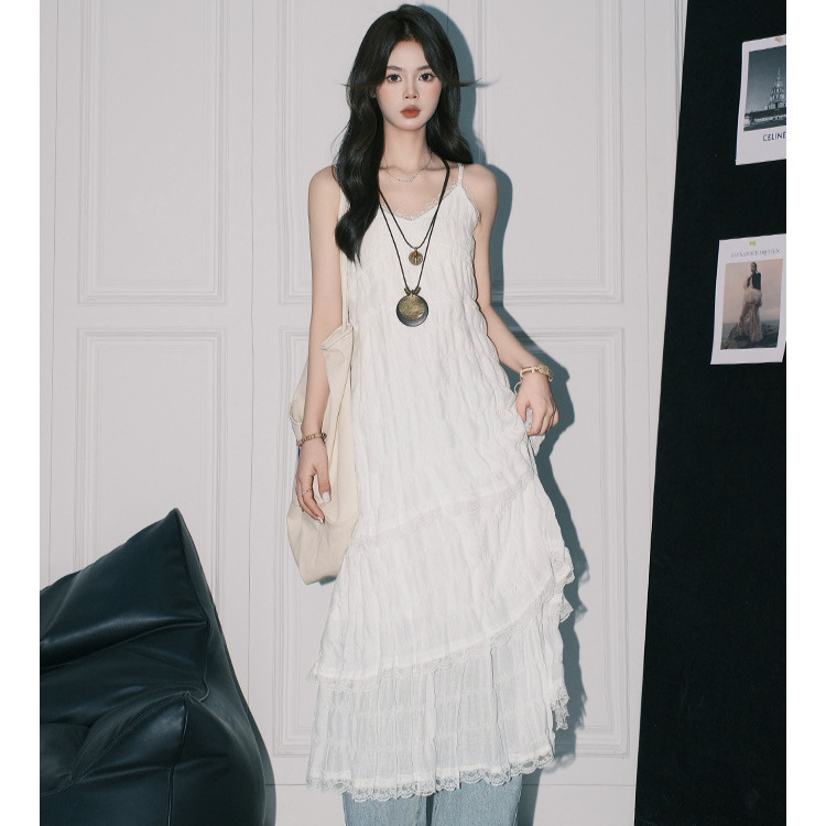 Forever 21 White Lace Suspender Dress Women's A-Line Layered Beach Skirt Ins Holiday Style Cake Long Skirt