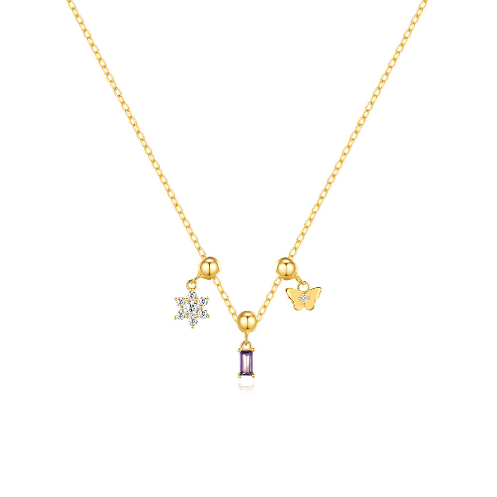 Plating Design 925 Sterling Silver Zircon Cable Chain Plating Butterfly Multi Charms Necklace