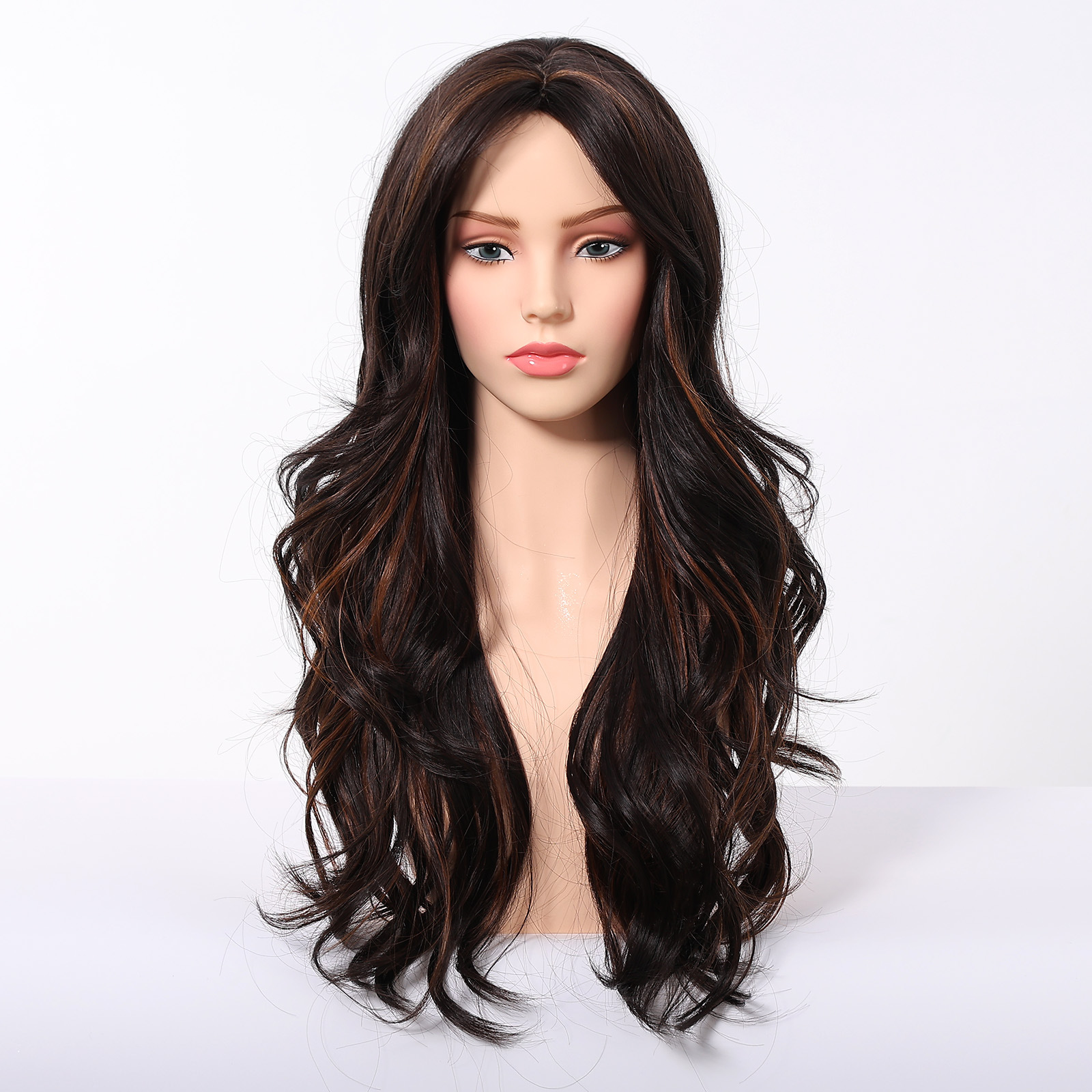 Nuevo estilo transfronterizo de peluca de fibra química, cubierta de cabeza completa para mujer, flequillo de ocho caracteres, negro y marrón, temperamento de pelo largo y rizado, diosa wigs