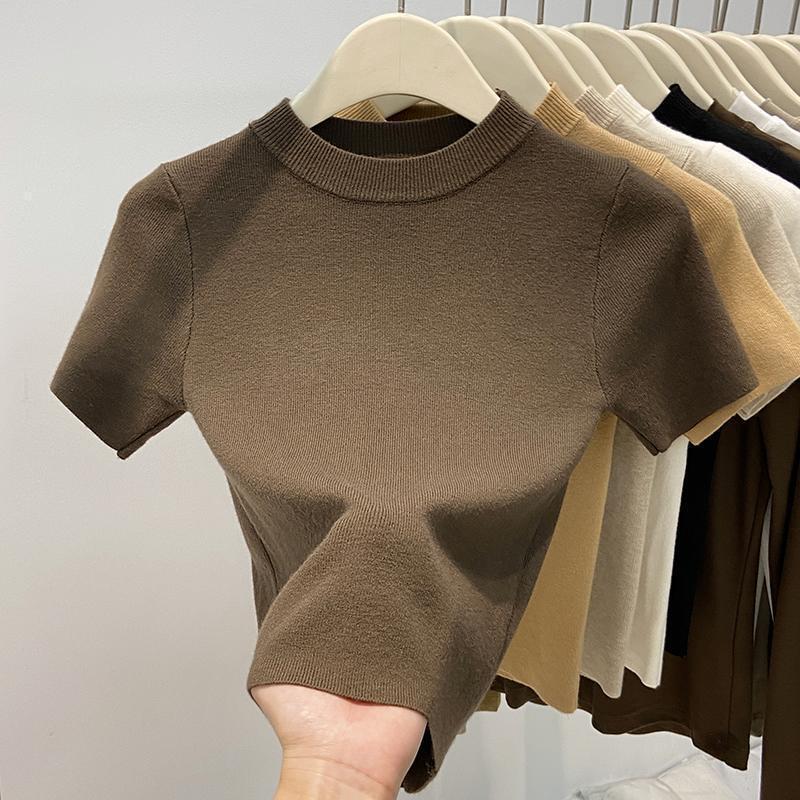 2024 Spring and Summer New Solid Color Short Knitted Sweater Women's Easiest for Match Slim Ice Silk Short Sleeve Pullover Bottoming Top Women's Trbottomy