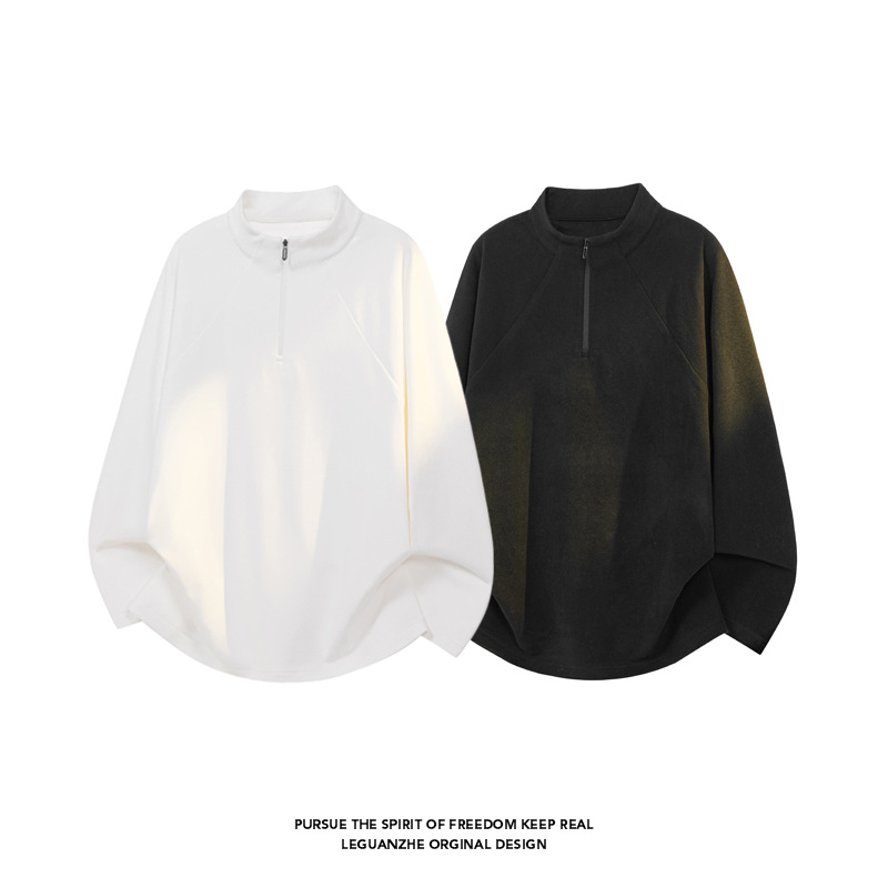White Deconstructed Half-Zip Thermal Base Shirt For Men, Autumn And Winter Trendy Loose Fit Warm Inner Wear Casual Long_voghion.com