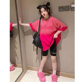 冰丝女童渐变T恤裙中长款短袖夏季大童装儿童炸街网红半袖上衣