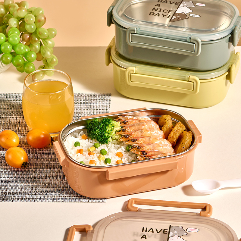 不锈钢塑料便当盒学生上班族双层餐盒椭圆形分格午饭盒水果盒批发