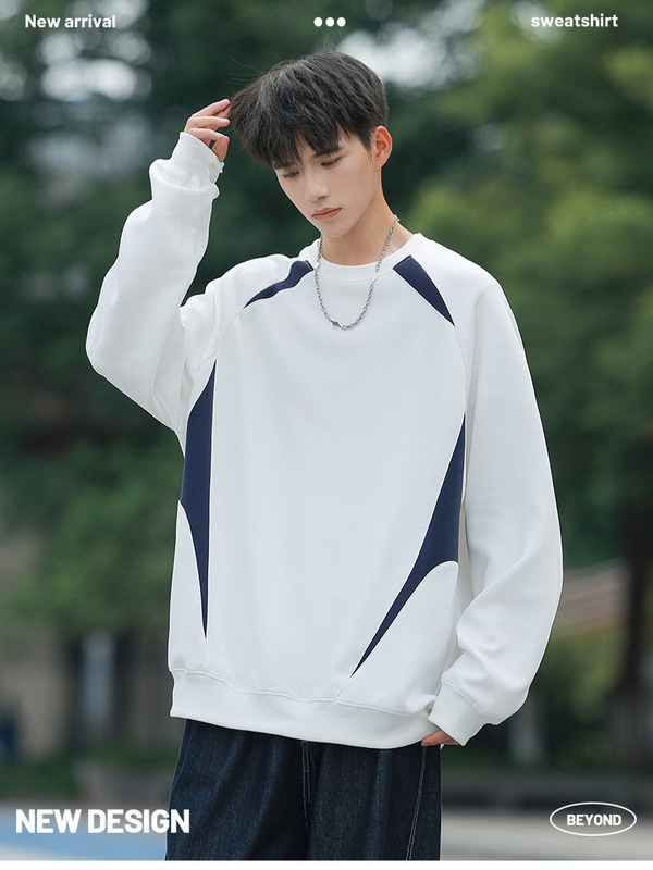 YGFメンズ | コントラストカラーステッチスウェットシャツメンズ春ラウンドネック長袖Tシャツラグランスリーブヘビールーズシンプルトップ|undefined