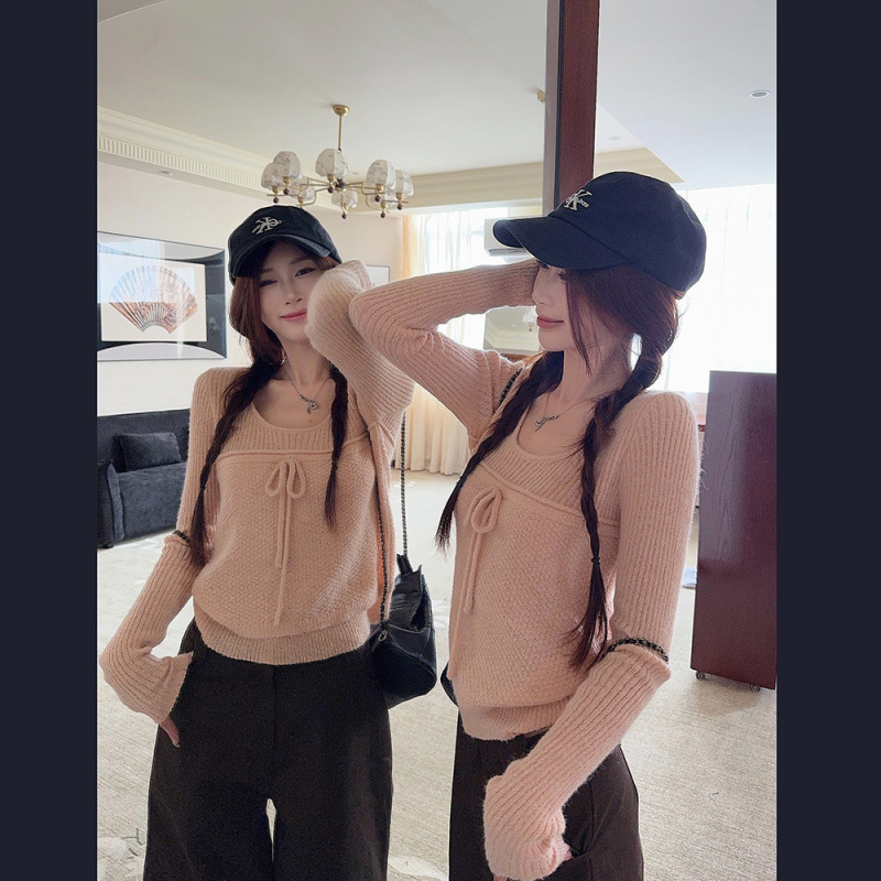 实拍~设计感拼接温柔蝴蝶结系带针织衫上衣女秋冬慵懒风毛衣88924|undefined