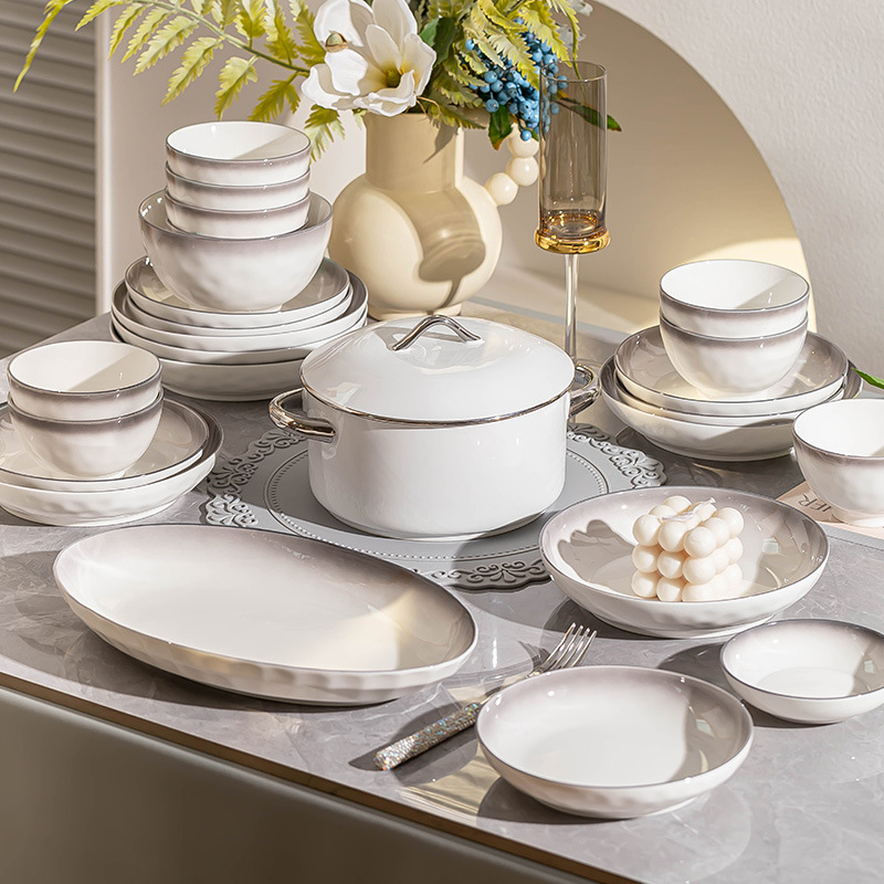 Ceramic Dishes suit Household Thickened ins Style Gradient Grey Rice Bowl Advanced Sense Plate Combination Full Set Wholesale