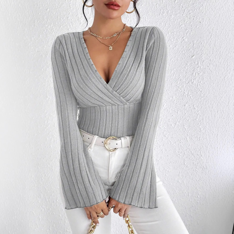 V-Neck Solid Color Long Sleeved Top Women's Stripesd V-Neck Pure Color Bell Sleeve Top