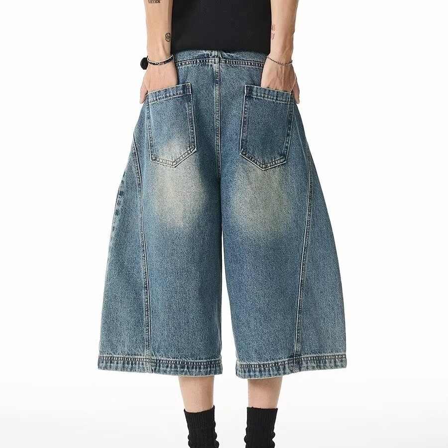 American-Style Washed Cracked Scimitar Denim Cropped Pants for Men 2025 Summer Handsome Loose Straight Shorts over the Knee Mid-Pants