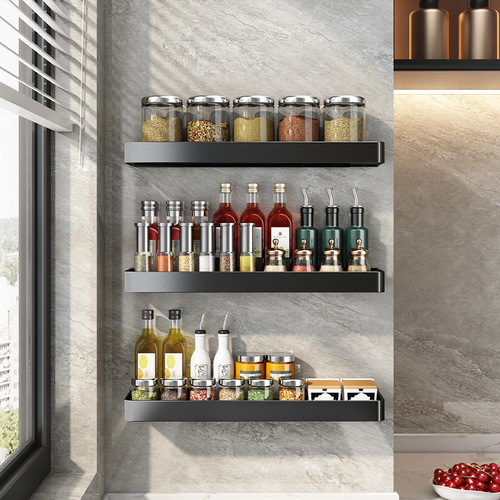 Black kitchen rack wall-mounted punch-free household space aluminum multi-functional storage knife holder seasoning rack