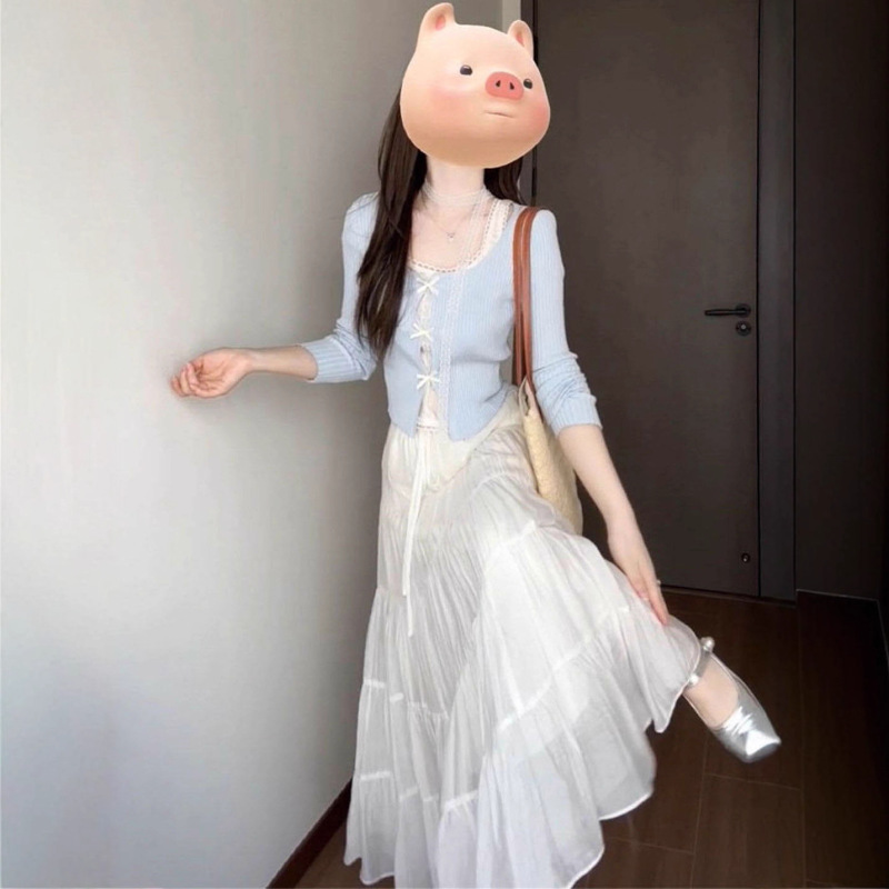 秋季一整套度假风超仙显瘦女学生半身裙+韩系减龄拼接假两件上衣|undefined