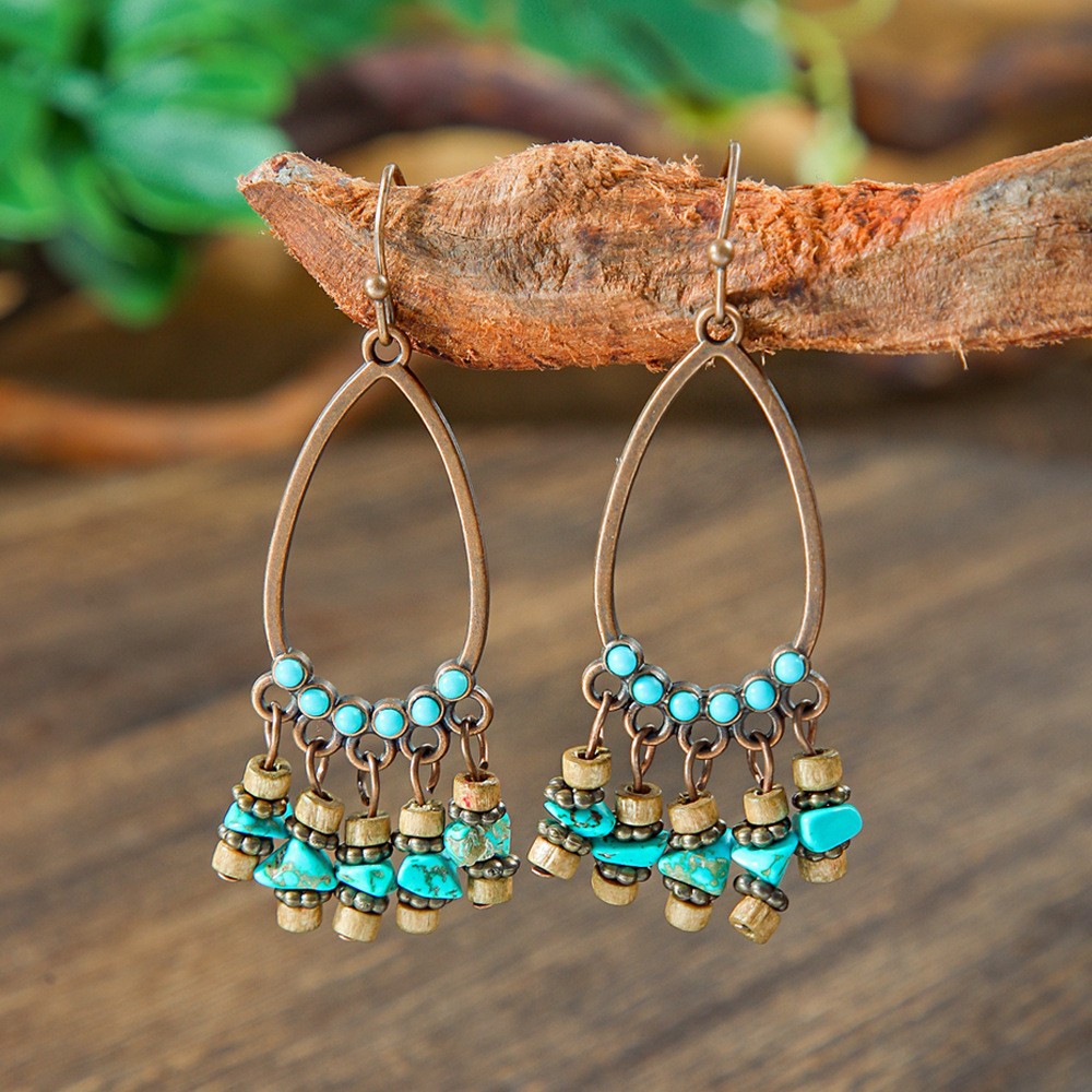 retro woven turquoise earrings drop-shaped handmade with tassels