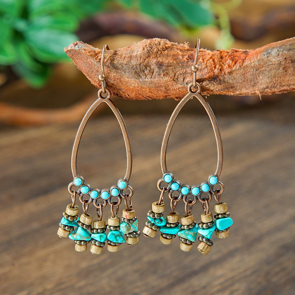 Woven Turquoise Boho Earrings, Handmade Tassel Drop, Lightweight 11.4 cm