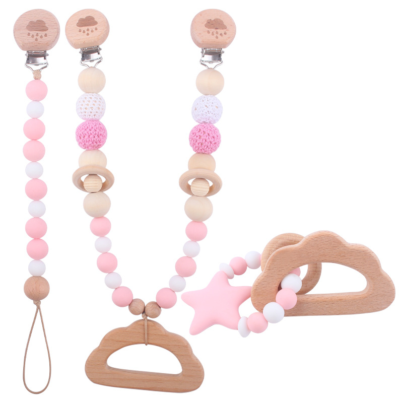 Nuevo bebé suministros de dibujos animados animal patrón Haya clip calmante bebé chupete cadena coche colgando mordedor conjunto de tres piezas