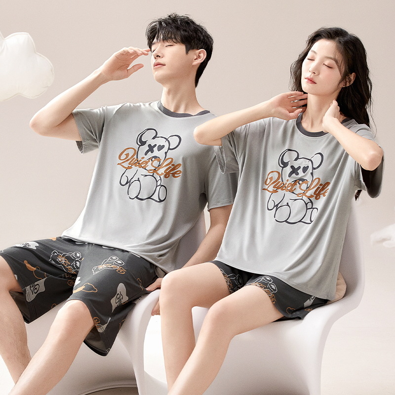 Con almohadilla para el pecho 2024 pijamas de verano pareja modal manga corta conjunto de dos piezas primavera y verano color sólido hombres homewear suave
