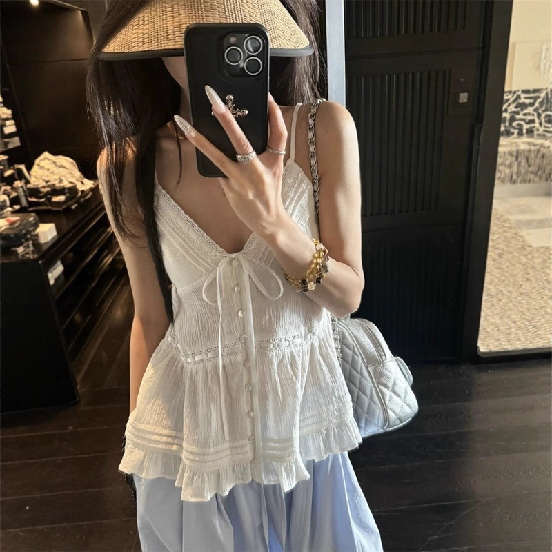 Yolo Shop White Lace Splicing V Neck Design Niche Holiday Pure Lust Style Camisole Top