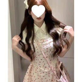 （跨境爆款）可爱娃娃领泡泡袖假两件设计连衣裙女生夏季收腰a字