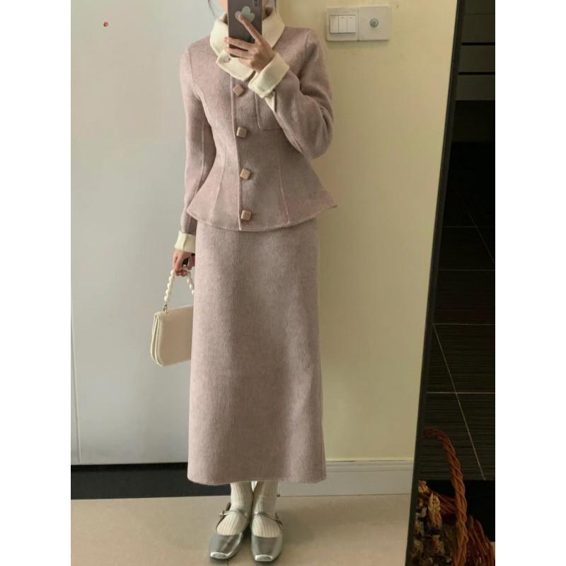 새로운 중국 스타일 국가 스타일 세트 여성을위한 강아지 대기 재킷 하프 길이 스커트 투피스 세트와 함께 깊은 겨울 원피스 원피스