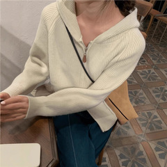 韩系坑条双拉链连帽针织开衫女秋冬新款休闲百搭软糯毛衣外套上衣