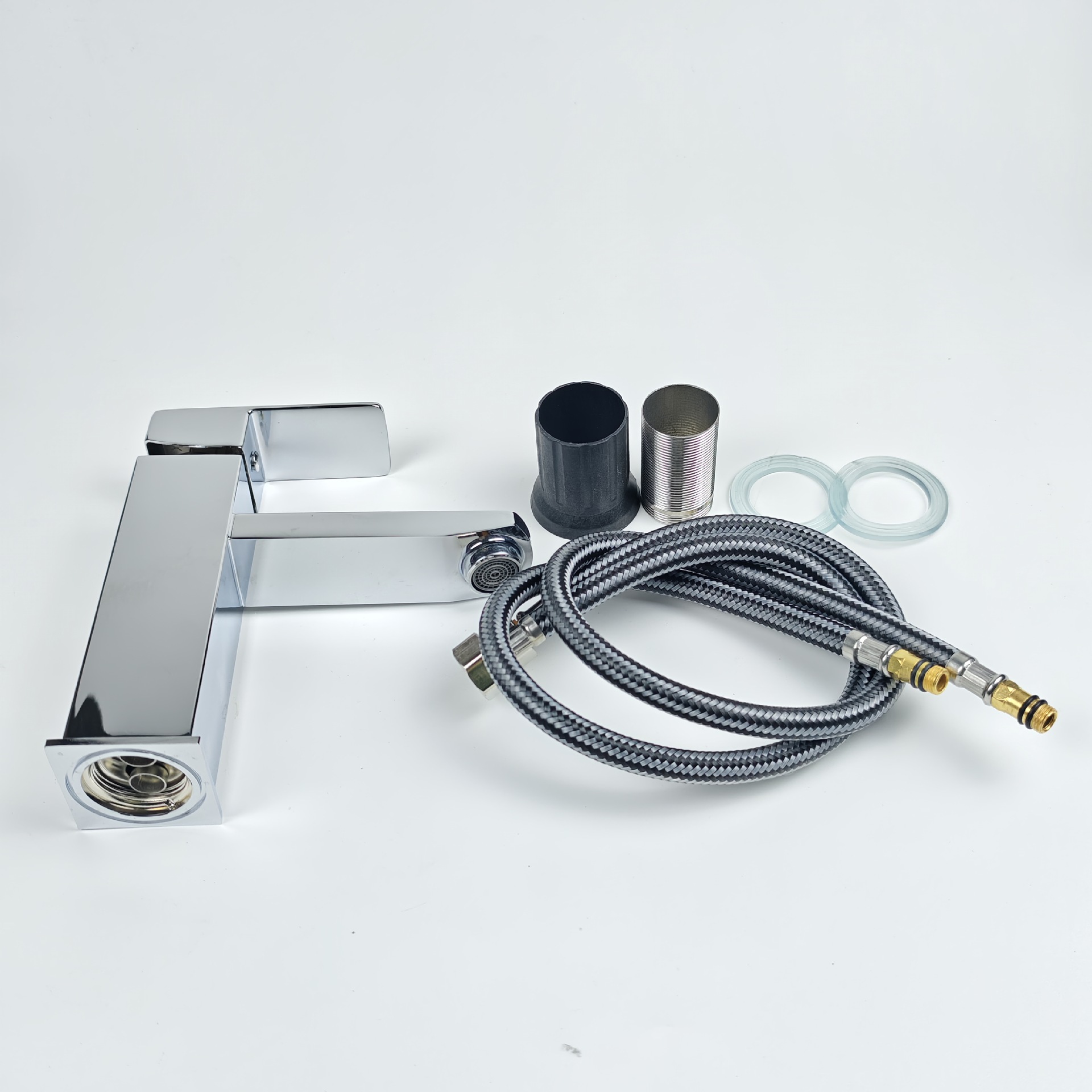 Electroplated Low-Profile Hot and Cold Basin Faucet, Stainless Steel Washbasin Countertop Basin Bathroom Square Single-Hole Faucet, Light Luxury