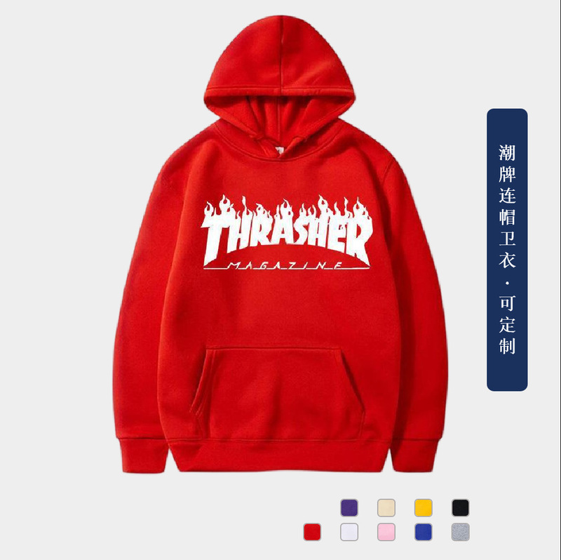 Spring and Autumn Men's Thick Sweatshirt Thrasher Flame Letter Print Hoodie Trendy Brand Sweatshirt Available in Multiple Colors and Customizable