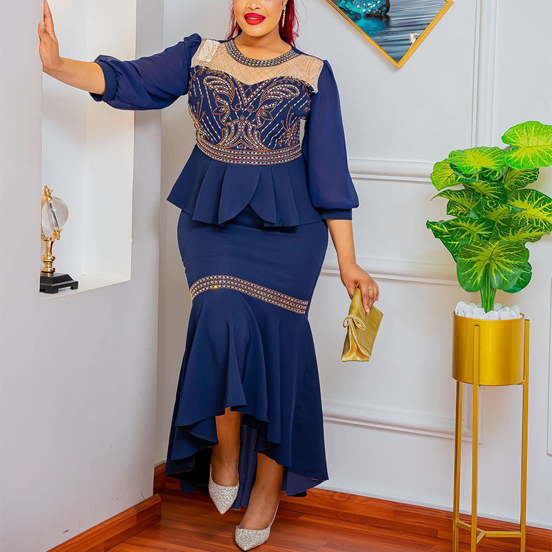 Women's Clothing new mesh splicing solid color hot diamond two piece set_voghion.com