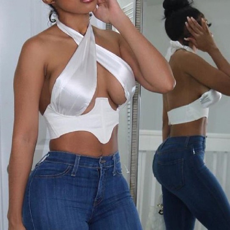solid color hollow irregular cross strap tops sexy backless halter tops NSRUI58543