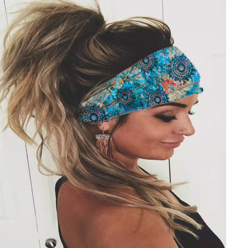 European and American Headscarf Women's Summer New 2024 Fashion Print Elastic Sports Headband Yoga Wide Headband