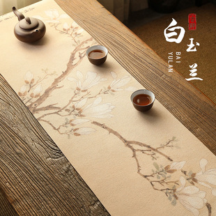 Chinese-style linen waterproof tea mat Light Luxury Table Flag Tea Mat Double-sided Tea Flag Homestay Decoration Retro Zen Magnolia