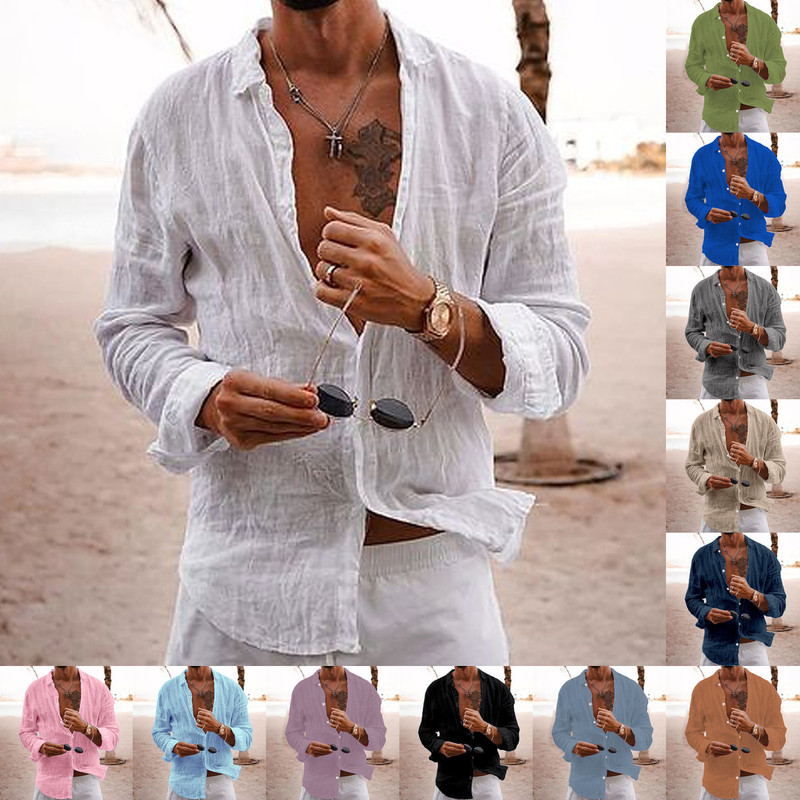 Cross-Border Foreign Trade Supply Men's Shirts 2026 New Style Solid Color Loose Single-Breasted Turn-Down Collar Cotton-Linen Long-Sleeve Shirt