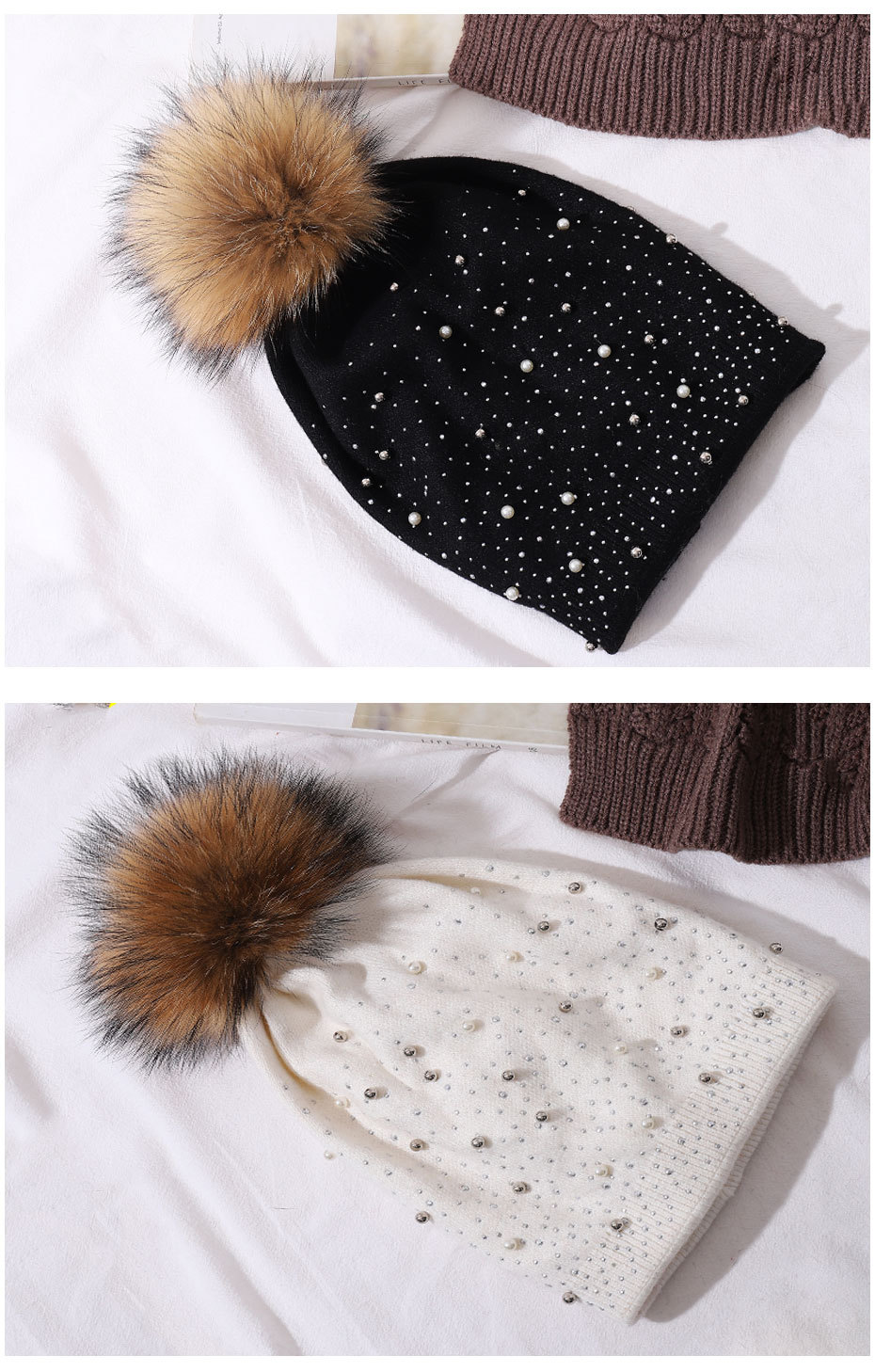 Perle de laine pour femmes pour la chaleur de l'hiver, chapeau tricoté en boule de fourrure de raton laveur, style pull à la mode pour femmes_voghion.com