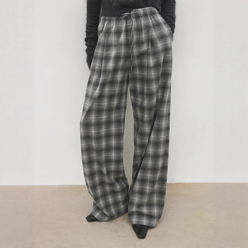 Th~Row Retro Gradient Plaid_Cotton Flannel Heavy Plaid Elastic Waist Wide Leg Air Pants Th~Row Retro Gradient Plaid_Cotton Flannel Heavy Plaid Elastic Waist Wide Leg Air Pants