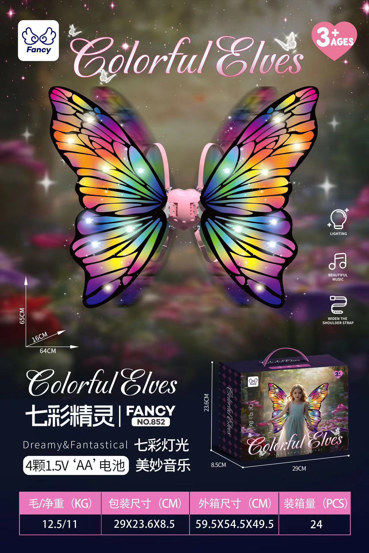 El genio de las alas luminosas eléctricas totalmente automáticas luminosas se moverán mariposa accesorios de espalda con lámpara juguetes para niños y niñas