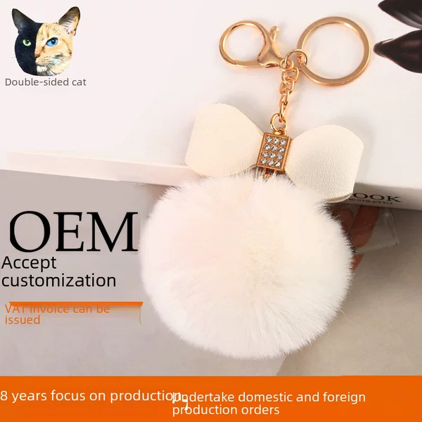 Factory wholesale supply of cross-border 8cm imitation Rex rabbit bow fur ball keychain creative gift bag pendant
