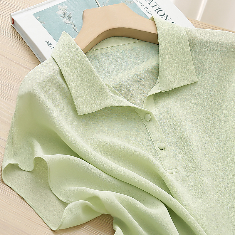 So Comfortable I Want to Scream! 22 Mumi Heavy Ghost Crepe Silk! Tencel Polo Shirt Short-Sleeved Shirt Women's Summer Top