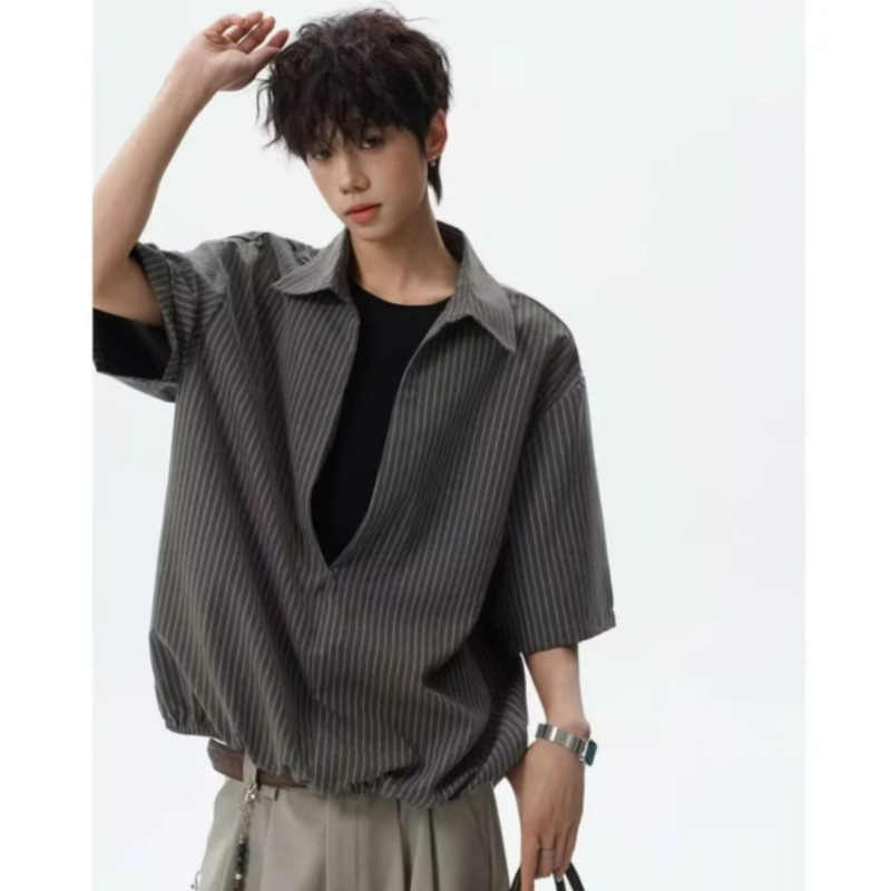 Fake Two-Piece Shirt for Men, 2026 Summer New Style, V-Neck Vertical Stripe Shirt, Trendy Brand, Elastic Hem, Short-Sleeve Shirt